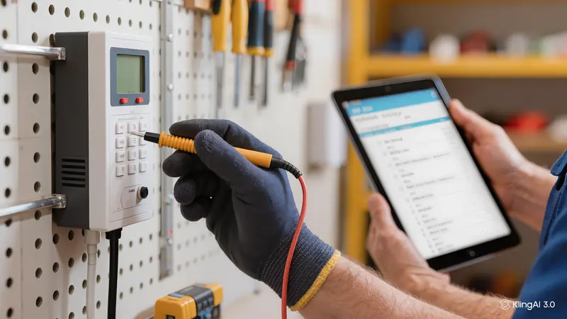 Technicien en gants testant une centrale d'alarme avec un multimètre, tablette de suivi d'entretien en main