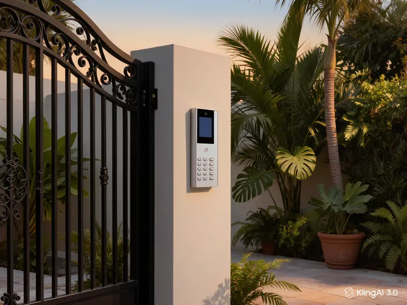 Visiophone à clavier à côté d'un portail, dans un jardin tropical