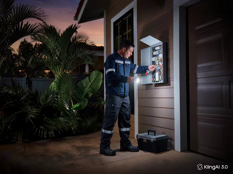 Technicien avec lampe frontale dépannant un coffret électrique extérieur à la tombée de la nuit